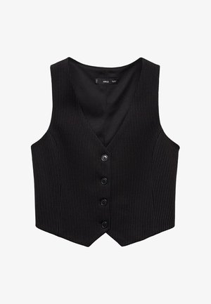 Gilet nere a righe con scollatura a V, cinque bottoni frontali e vestibilità tailored. Realizzato in tessuto liscio con una finitura lucida.