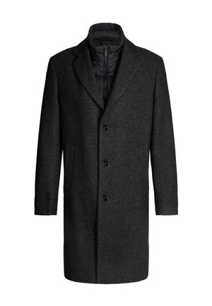 Dunkelgrauer, maßgeschneiderter Mantel mit drei Knöpfen und einer schwarzen, gesteppte Reißverschluss-Innenschicht, die am Kragen sichtbar ist.