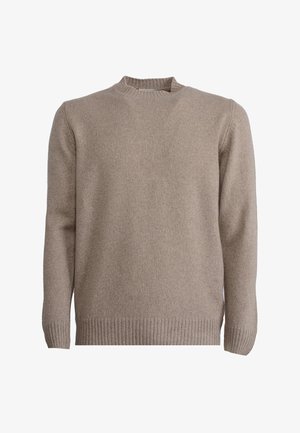 Beige gebreide trui met een geribbelde ronde halslijn en manchetten. Beschikt over een klassieke pasvorm met een zachte textuur en zonder aanvullende patronen of accenten.