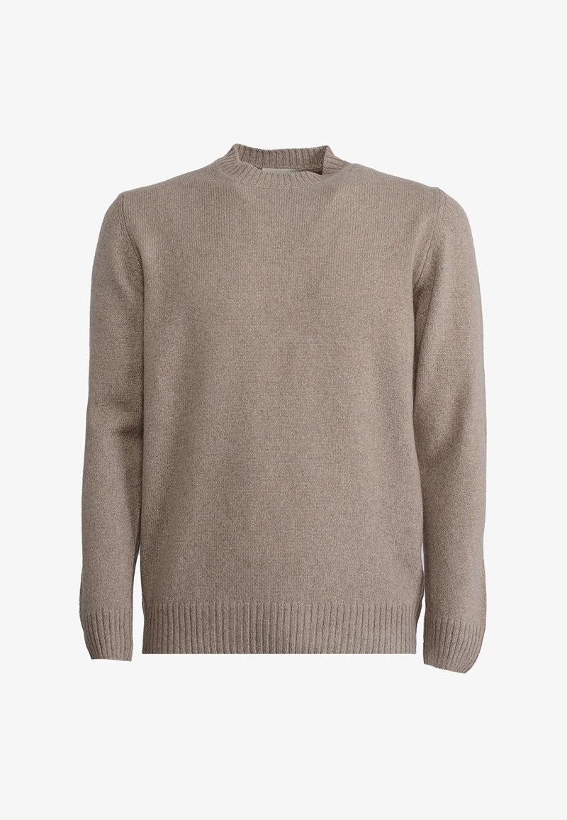 Maglione beige a maglia con scollatura rotonda a coste e polsini. Presenta una vestibilità classica con una texture morbida e senza decorazioni o motivi aggiuntivi.