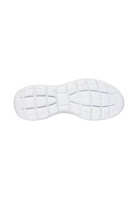 Semelle de chaussure de sport en caoutchouc blanc avec des motifs de grip texturés, comprenant des formes rectangulaires et carrées pour la traction et la flexibilité. Fini lisse.