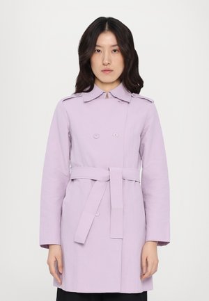 Light lavender trench coat with a double-breasted design, matching belt, large collar, and long sleeves. Smooth texture with buttons.