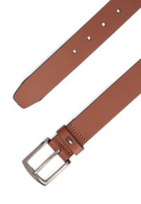 Brown leather belt with a smooth texture, silver metal buckle, and orange stitching, featuring five holes and a logo accent near the buckle.