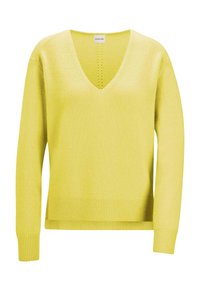 Gelber Pullover mit V-Ausschnitt, langen Ärmeln und gerippten Bündchen und Saum. Hergestellt aus weichem Stoff mit glatter Textur.