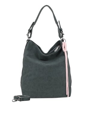 Sac hobo gris foncé en matériau texturé, avec une silhouette décontractée, des accents en tressage rose et une bandoulière ajustable pour plus de polyvalence.