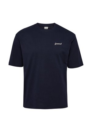 Marineblauw T-shirt met korte mouwen, ronde hals en klein wit "Hummel" logo op de linkerborst.