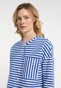 Langarm, knoopsluiting overhemd met blauwe en witte strepen, voorzien van een ronde kraag en een borstzak met horizontale strepen.