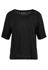 Svart kortärmad topp med en texturerad design som har vertikala linjer och metalliska detaljer. Rund halsringning och avslappnad passform.