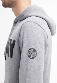 Felpa grigia in cotone con cappuccio, caratterizzata da un logo nero sul davanti e un patch rotondo "Replay" sulla manica sinistra. Tessuto testurizzato.