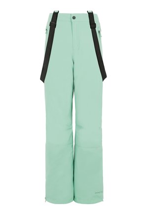 Pantalons en neige vert menthe avec bretelles noires réglables, deux poches zippées sur les côtés et une coupe droite. Fabriqués en matériau durable et résistant à l'eau.
