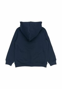 Hanorac cu glugă de culoare bleumarin, fabricat dintr-un material moale. Are mâneci lungi și o textură fină, cu un design simplu și elegant.