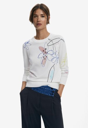 White knitted sweater with multicolored floral embroidery in pink, blue, and yellow. Features a classic crew neckline and ribbed cuffs.