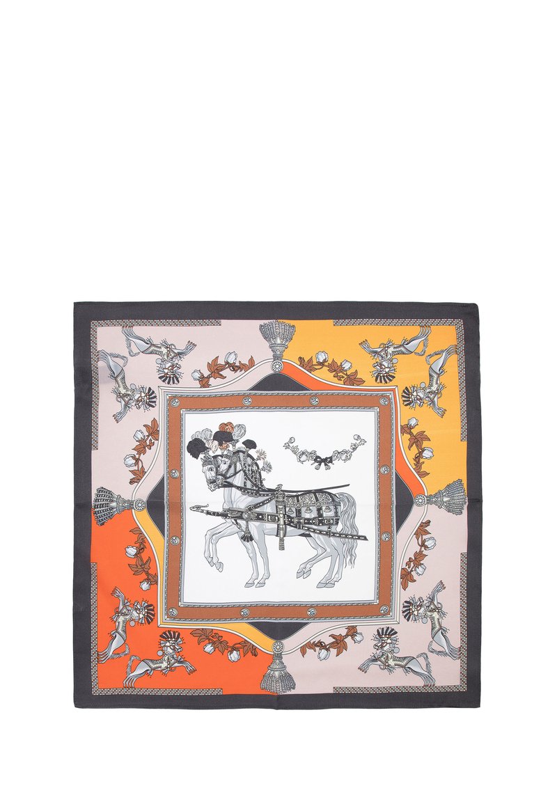 Silk square scarf featuring a central horse and rider design. Colors include orange, peach, and grey with intricate floral and geometric borders.