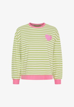 Langærmet skjorte med lysegrønne og hvide horisontale striber, lyserød krave, manchetter, kant og et lyserødt hjerte på øverste venstre bryst.