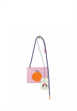 Pink small crossbody bag with an orange fruit design and dual-colored purple and light blue straps, featuring a tag with a face illustration.