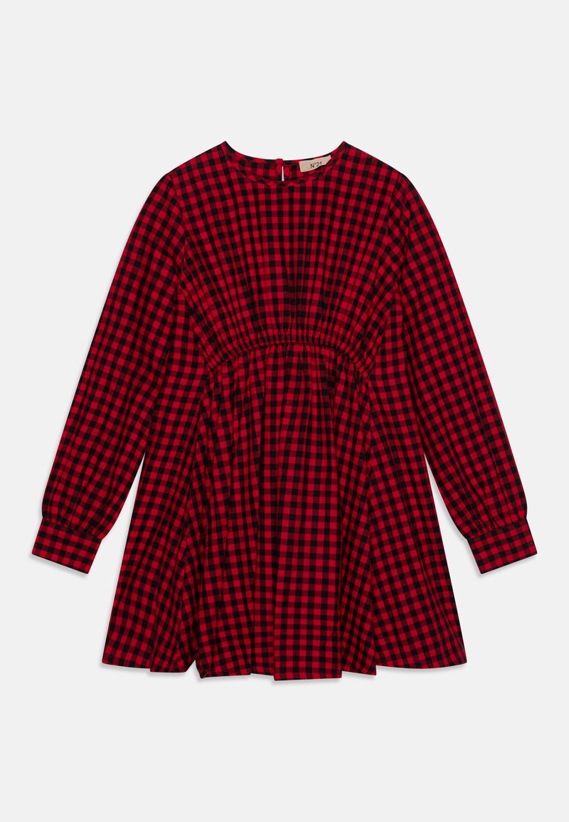 Κόκκινο και μαύρο καρό φόρεμα με μακριά μανίκια, μα gathered μέση, στρογγυλή λαιμόκοψη και κούμπωμα στο πίσω μέρος.