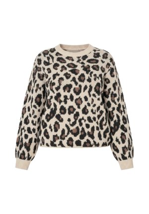 Jersey beige de punto con estampado de leopardo en negro y marrón, puños y cuello acanalados, mangas largas y un corte relajado.