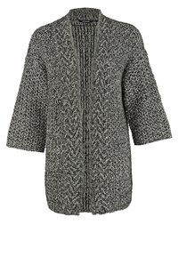 Cardigan aperto in maglia tessuta, con una miscela di filati neri e grigi. Maniche ampie e silhouette non strutturata.
