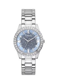 Srebrny zegarek analogowy z niebieską błyszczącą tarczą, akcentami z kryształków oraz metalowym bransoletem. Posiada prostokątne znaczniki godzin i bezel.