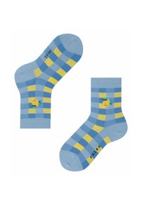 Blaue und gelbe kariert Socken aus Baumwolle. Mit einem Zitronenmotiv und grünen Blättern. Größenangabe: 27-30. Weiche Textur.