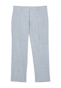 Pantalons gris clair en tissu lisse et texturé. Dotés d'une fermeture à bouton, de passants de ceinture et de deux poches latérales. Design à jambe droite.