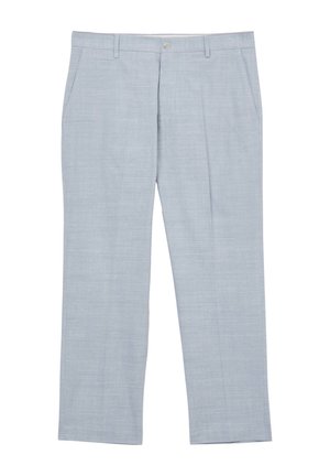 Pantaloni grigi chiari realizzati in un tessuto morbido e strutturato. Presentano una chiusura a bottone, passanti per cintura e due tasche laterali. Design a gamba dritta.