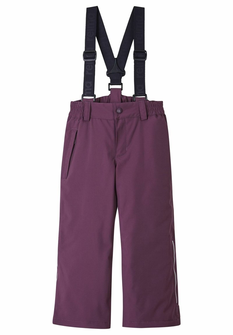 Pantalons de ski imperméables violets avec taille élastique, bretelles noires ajustables, poche latérale et accents réfléchissants sur les jambes inférieures.