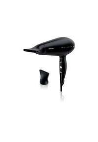 Schwarzer Philips Pro 2300W Ionen-Haartrockner mit zwei Steuerknöpfen und einer abnehmbaren schmalen Konzentrator-Düse auf weißem Hintergrund.