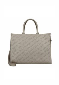 Bolso de mano beige con patrón de logo en relieve, diseño estructurado, doble asa superior y correa de hombro desmontable. Textura suave.