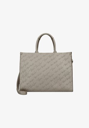 Sac à main beige avec un motif de logo embossé, design structuré, double poignées supérieures et bandoulière amovible. Texture lisse.