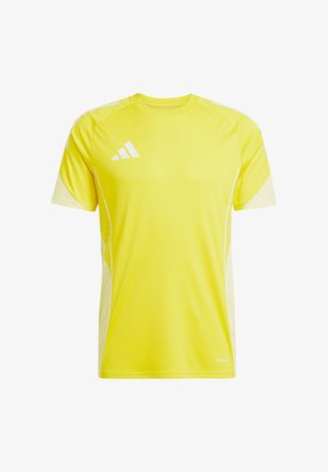 Gelbes Sportshirt aus leichtem Material mit weißen Akzenten und Markenlogo, mit kurzen Ärmeln und Rundhalsausschnitt.