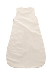 Babyschlafsack, cremefarbenes Baumwollgewebe, ärmelloses Design, ovale Form, glatte Textur, ohne Muster oder Akzente.