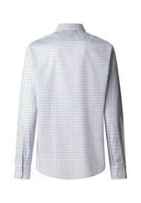 Chemise habillée blanche à manches longues avec un motif à carreaux bleu et vert, poignets à boutons et col classique vue de dos.