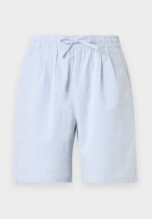 Light blue and white striped shorts with elastic waistband and tied drawstring at the front, featuring subtle texture and side pockets.