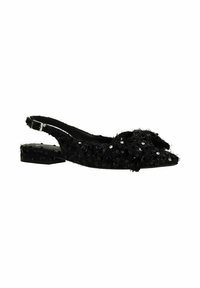 Zwarte slingback schoen met een gemêleerde bovenkant van pailletten. Puntige neus, lage blokhak en een verstelbare band aan de achterzijde.