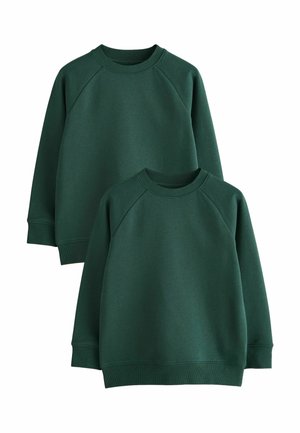 Two dark green crew neck sweatshirts with long sleeves, ribbed cuffs, and ribbed waistbands, displayed on a white background.