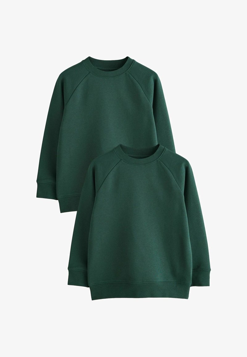Dos sudaderas de cuello redondo de color verde oscuro, con mangas largas, puños acanalados y cinturillas acanaladas, mostradas sobre un fondo blanco.