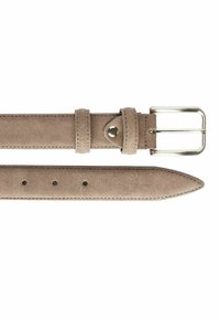 Suede bälte i ljus taupe med en silverfärgad metallspänne. Har justerbara hål och sömdetaljer längs kanterna för hållbarhet.