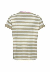 Stribet kortærmet t-shirt med skiftende lysebeige og hvide striber, rund halsudskæring og en let buet kant.