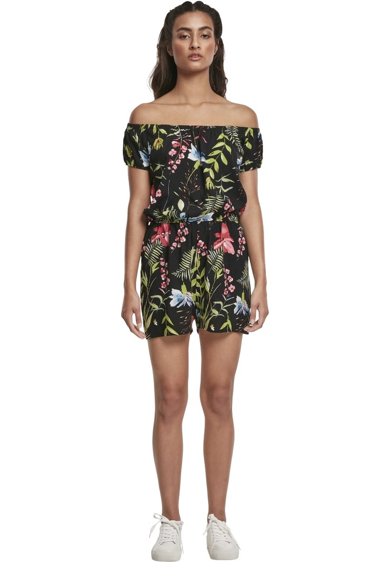 Urban Classics LADIES AOP OFF SHOULDER SHORT JUMPSUIT - Kombinezonas - black flower