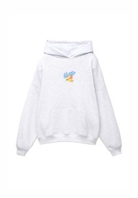 Felpa grigia chiaro con tasca frontale, caratterizzata da un piccolo grafico colorato di mango e testo stilizzato blu sul petto.