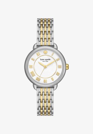 Round silver and gold wristwatch with white face, gold Roman numerals, gold hands, and a two-tone metal link band.