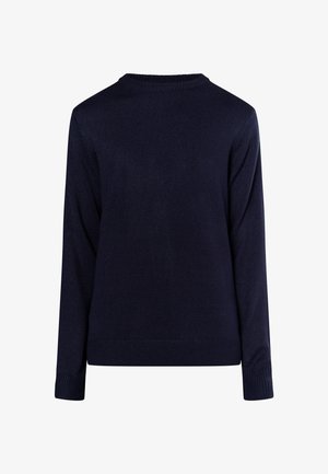 Tamno plava pletena majica s dugim rukavima, okruglim izrezom i rebrastim manžetama i donjim rubom. Glatka tekstura bez vidljivih uzoraka ili hardvera.