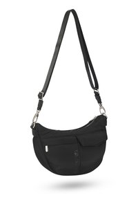 Černá ramenní taška vyrobená z texturované tkaniny; zakřivený tvar se zipovým uzavřením, nastavitelným popruhem a přední kapsou s klopou.