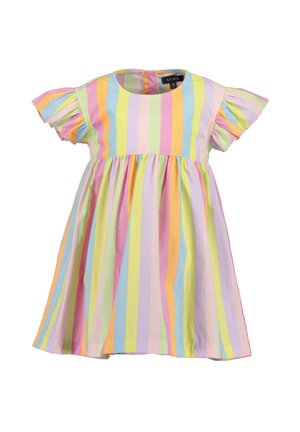 Kolorowa sukienka w paski z krótkimi, falującymi rękawami, ozdobiona pionowymi pastelowymi paskami w kolorach lawendy, różu, pomarańczy, zieleni i niebieskiego.