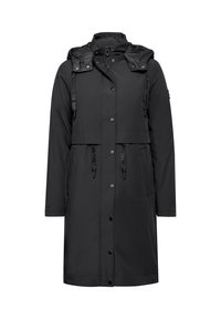 Parka nera impermeabile con cappuccio, dotata di chiusura con zip e bottoni automatici, vita regolabile con cordino e tasche laterali. Texture liscia e design minimale.