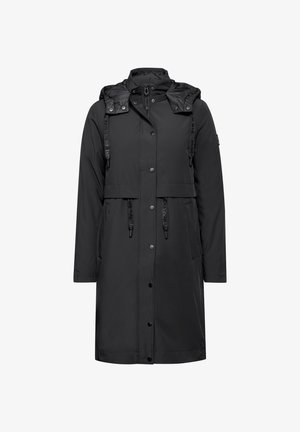 Czarny wodoodporny parka z kapturem, z zamkiem błyskawicznym i zatrzaskiem, z możliwością regulacji w talii oraz bocznymi kieszeniami. Gładka struktura i minimalistyczny design.