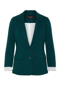 Teal blazer met notch lapels, twee voorkruiszakken en een enkele knoopsluiting. Gestreepte voering zichtbaar bij de manchetten. Zachte stof textuur.
