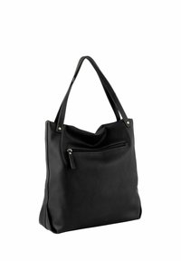 Sac cabas en cuir noir avec deux bretelles et une poche extérieure zippée horizontale à l'avant.