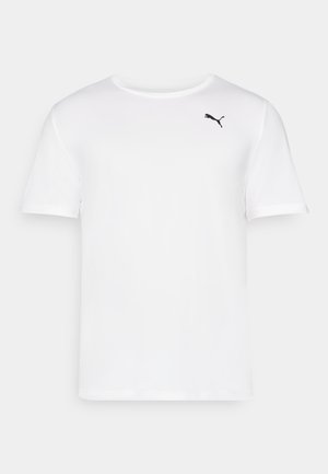 Balta trumpa rankovė t-shirt marškiniai, pagaminti iš lygaus audinio, su mažuoju juodu Puma logotipu kairėje krūtinės pusėje. Apvalus iškirpimas, be raštų.